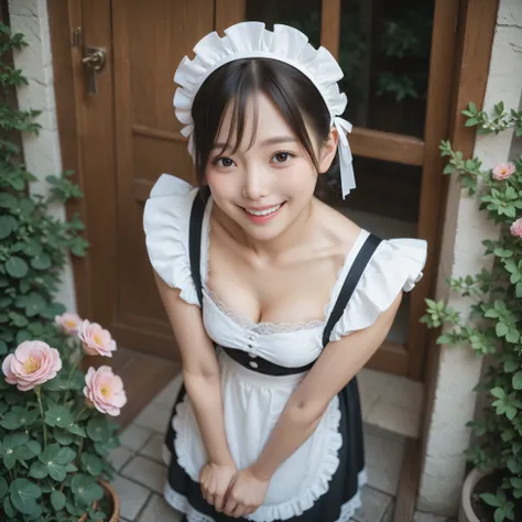 1 girl、maids,Look at the audience,(skinny:1.19),(younger:0.95),from above,lean forward,(big boobs:0.06),Watering flowers outside the mansion,Japanese,(Smile Yang:1.05),black lace stockings