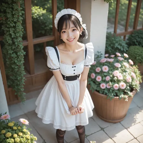 1 girl、maids,Look at the audience,(skinny:1.19),(younger:0.95),from above,lean forward,(big boobs:0.06),Watering flowers outside the mansion,Japanese,(Smile Yang:1.05),black lace stockings