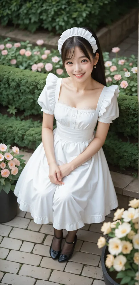 1 girl、maids,Look at the audience,(skinny:1.19),(younger:0.95),from above,lean forward,(big boobs:0.06),Watering flowers outside the mansion,Japanese,(Smile Yang:1.05),black lace stockings