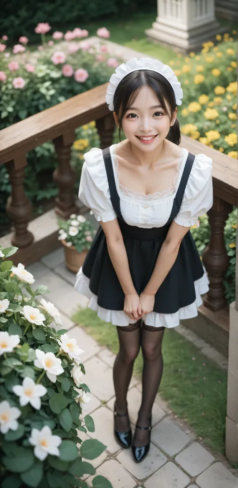 1 girl、maids,Look at the audience,(skinny:1.19),(younger:0.95),from above,lean forward,(big boobs:0.06),Watering flowers outside the mansion,Japanese,(Smile Yang:1.05),black lace stockings