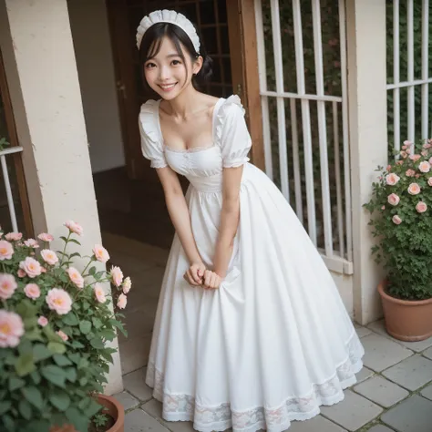 1 girl、maids,Look at the audience,(skinny:1.19),(younger:0.95),from above,lean forward,(big boobs:0.06),Watering flowers outside the mansion,Japanese,(Smile Yang:1.05),black lace stockings