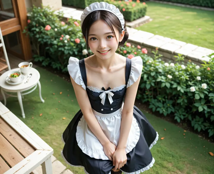 (Biological Corpse Factory)、maids,Look at the audience,(skinny:1.04),(younger:0.97),from above,(medium breasts:0.62),slouching forward,lean forward,Japanese,(Smile Yang:0.84),black lace stockings,Take off your clothes and show me your breasts