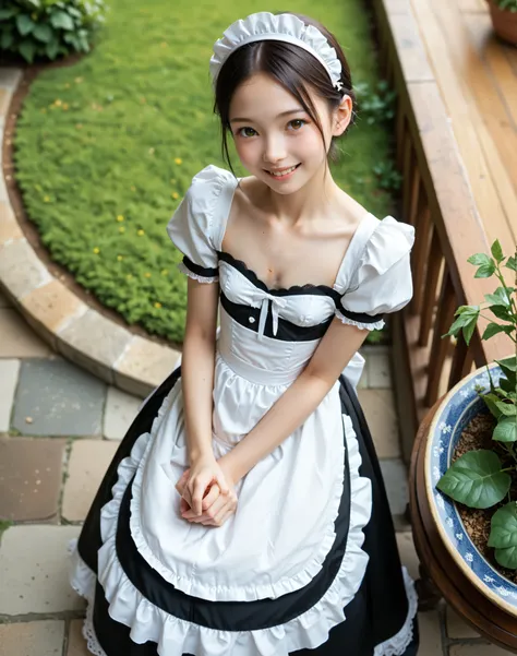 (Biological Corpse Factory)、maids,Look at the audience,(skinny:1.04),(younger:0.97),from above,(medium breasts:0.62),slouching forward,lean forward,Japanese,(Smile Yang:0.84),black lace stockings,Take off your clothes and show me your breasts