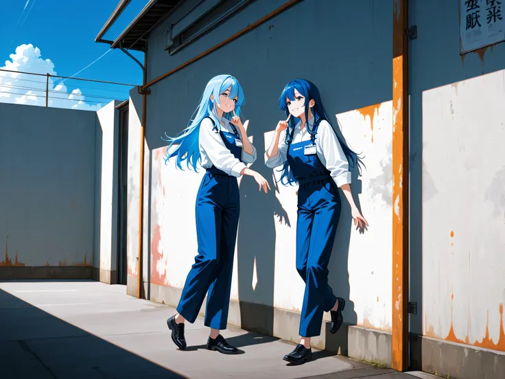 A woman,Blue hair,long hair,Smile Yan,work clothes,Painting the wall,Blue Sky,energetic atmosphere,Full Body,Four-bodied,HDR,professional,High Quality,in detail with your own finger