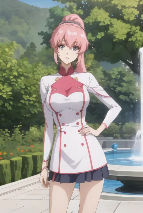 ponytail,can you draw a woman with long pink hair，can you draw a nice smile,，white big breasted blouse，navy blue mini skirt,boots，Barefoot，amazing thighs ，Beautiful legs，，OL ，pink hair long hair，Let's draw a more delicate expression，Women with gentle smile...