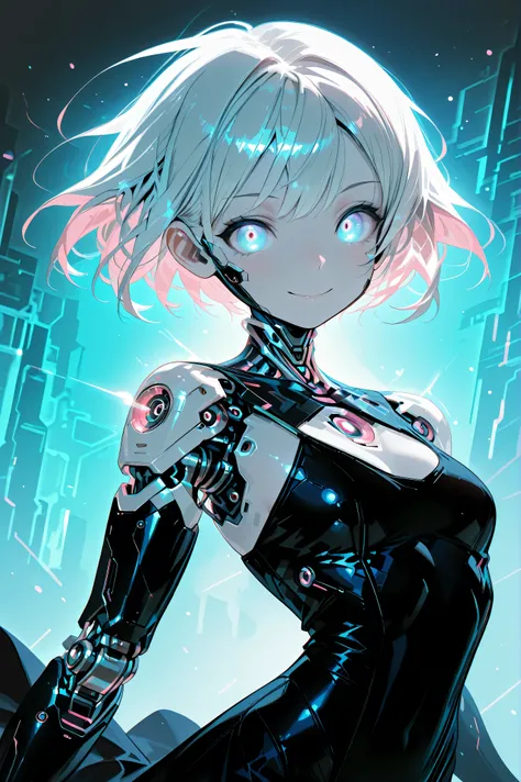 a cyborg girl looking at the observer and smiling, cybernetic android woman, cheerful expression, Perfect face, bright eyes, charming smile, silky short hair, soft skin, athletic figure, robotic prosthesis, futuristic dress backgrounds, Abstract digital ba...