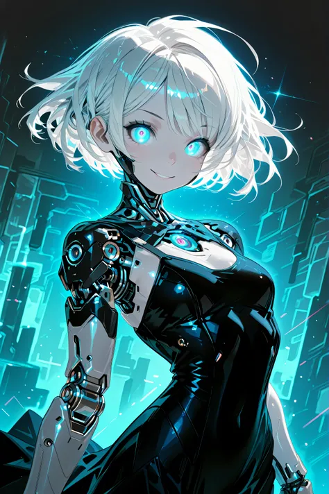 a cyborg girl looking at the observer and smiling, cybernetic android woman, cheerful expression, Perfect face, bright eyes, charming smile, silky short hair, soft skin, athletic figure, robotic prosthesis, futuristic dress backgrounds, Abstract digital ba...