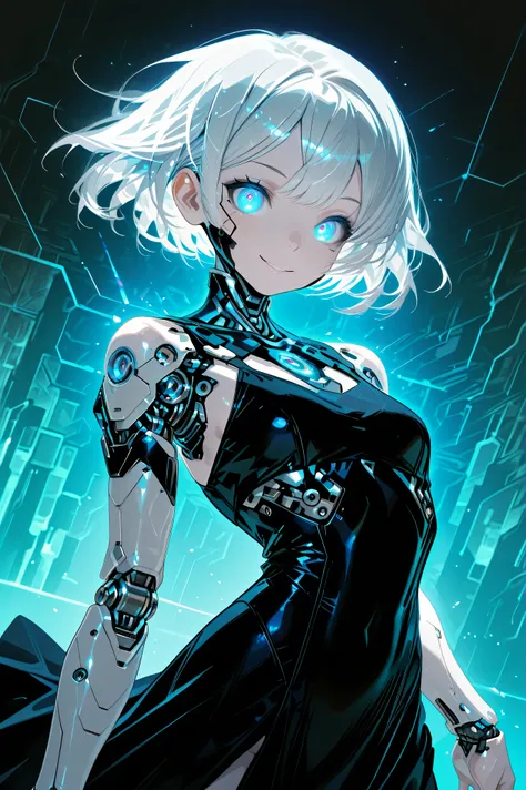 a cyborg girl looking at the observer and smiling, cybernetic android woman, cheerful expression, Perfect face, bright eyes, charming smile, silky short hair, soft skin, athletic figure, robotic prosthesis, futuristic dress backgrounds, Abstract digital ba...