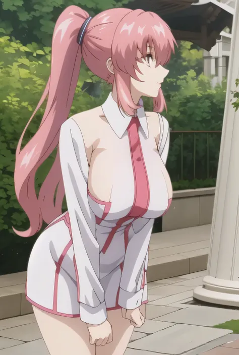 can you draw facial expressions more clearly, clearly, delicately, and in vivid colors,Smile Yan,they look at me and smile,ponytail from the front,Can you draw a woman with long pink hair，素敵なSmile Yanを描くことができますか,，white big breasted blouse，navy blue mini sk...