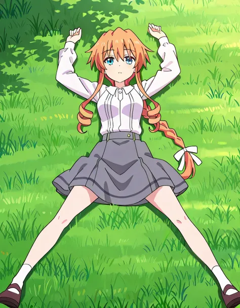 aayuzuru, blue eyes, orange hair, braided ponytail, drill hair, medium breast, yuzuruc1, white shirt, long sleeves, grey skirt, anime coloring, high quality, solo, lying, on back, arms up, spread legs, closed mouth, on grass, full body, looking at viewer, ...