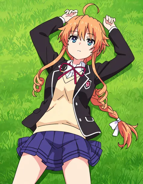 aayuzuru, blue eyes, orange hair, braided ponytail, drill hair, medium breast, yuzuruschool, school uniform, red neck ribbon, white dress shirt, yellow sweater vest, black blazer, blue skirt, pleated skirt, anime coloring, high quality, solo, lying, on ba...