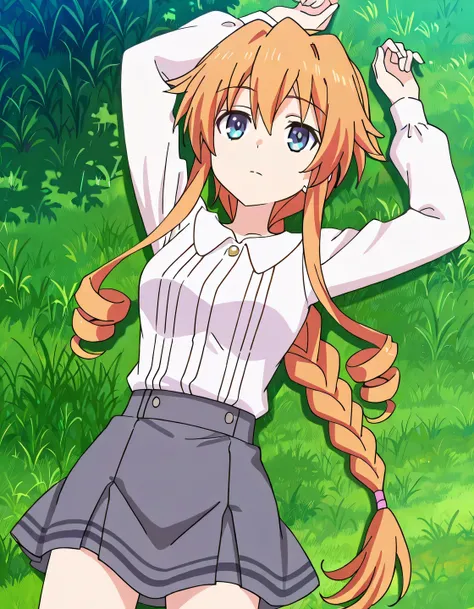 aayuzuru, blue eyes, orange hair, braided ponytail, drill hair, medium breast, yuzuruc1, white shirt, long sleeves, grey skirt, anime screencap, high quality, solo, lying, on back, arms up, legs apart, closed mouth, grass, cowboy shot, looking at viewer, ...
