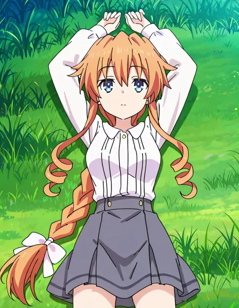 aayuzuru, blue eyes, orange hair, braided ponytail, drill hair, medium breast, yuzuruc1, white shirt, long sleeves, grey skirt, anime screencap, high quality, solo, lying, on back, arms up, legs apart, closed mouth, grass, cowboy shot, looking at viewer, ...