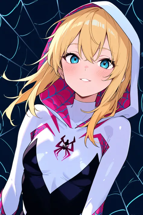 score_9, score_8_up, score_7_up , perfect anatomy、 high quality、 best image quality , spidergwen, 1girl, solo, blonde hair, blue eyes, bodysuit, hooded bodysuit, superhero,