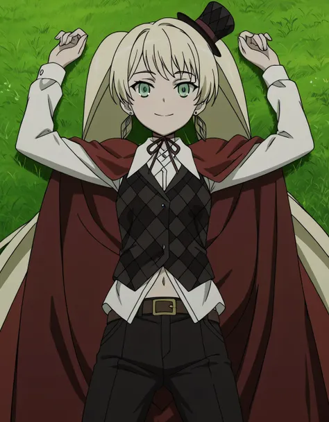 ladylee tangleroad, long hair, blonde hair, twintails, green eyes, anime screencap, hat, navel, jewelry, earrings, vest, mini hat, top hat, belt, shirt, long sleeves, ribbon, white shirt, collared shirt, pants, neck ribbon, checkered clothes, high quality,...