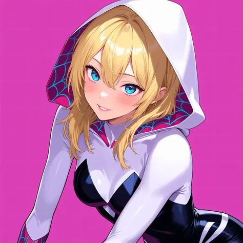 score_9, score_8_up, score_7_up , perfect anatomy、 high quality、 best image quality , spidergwen, 1girl, solo, blonde hair, blue eyes, bodysuit, hooded bodysuit, superhero