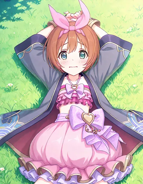 pcrkrmi, short hair, brown hair, hairband, hair ribbon, blue eyes, pkrmstg, pink ribbon, pink crop top, halterneck, happi, grey jacket, dress bow, purple bow, bubble skirt, frilled dress, anime screencap, high quality, solo, lying, on back, on grass, arms ...