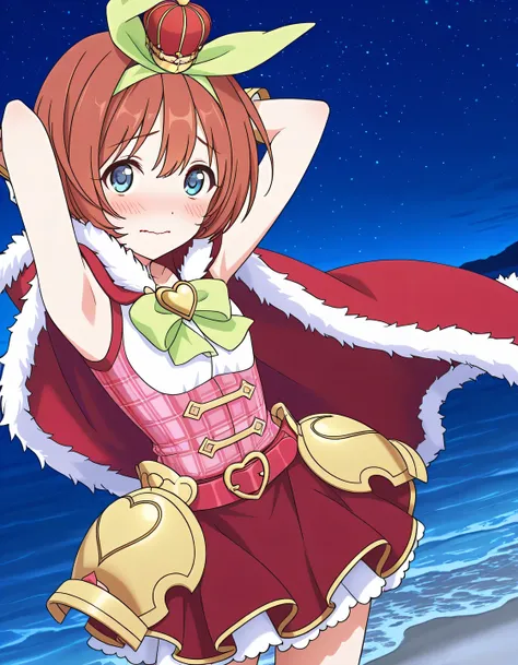 pcrkrmi, short hair, brown hair, hairband, hair ribbon, blue eyes, pkrmmas, green ribbon, crown, fur-trimmed cape, red cape, green bowtie, heart brooch, white shirt, plaid shirt, red shirt, red belt, hip armor, white gloves, dark red skirt, white skirt, la...