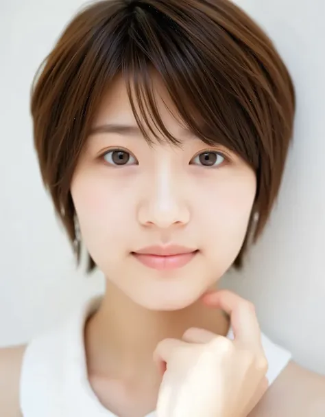 Raw photo, reality, ((staring)), ((focus on face)), ((close-up)), front view, Japanese woman, smiling in the sun, ((brown hair color, short hair, hairstyle)), off-the-shoulder, beautiful collarbone, unedited, live action, authentic, cute young girl, beauti...