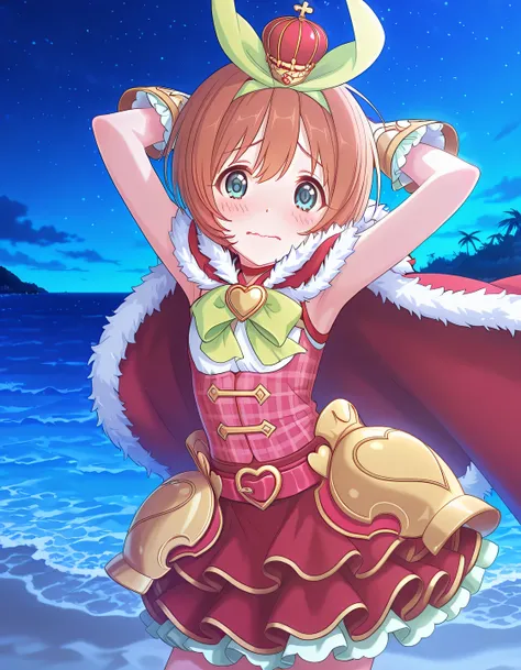 pcrkrmi, short hair, brown hair, hairband, hair ribbon, blue eyes, pkrmmas, green ribbon, crown, fur-trimmed cape, red cape, green bowtie, heart brooch, white shirt, plaid shirt, red shirt, red belt, hip armor, white gloves, dark red skirt, white skirt, la...