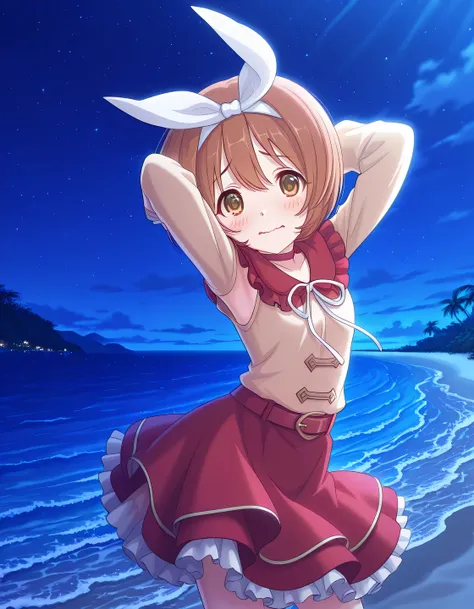 rlpkrmi, short hair, brown hair, hairband, hair ribbon, brown eyes, white ribbon, frilled shirt collar, red collar, beige shirt, long sleeves, red skirt, frilled skirt, white frills, anime screencap, high quality, solo, night sky, beach, armpits, (hands be...