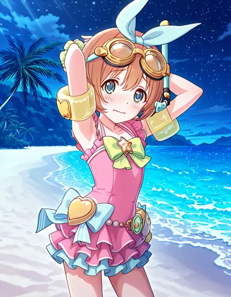 pcrkrmi, short hair, brown hair, hairband, hair ribbon, blue eyes, pkrmsum, blue ribbon, snorkel, goggles on head, pink one-piece swimsuit, frilled one-piece swimsuit, green bowtie, star brooch, wrist scrunchie, inflatable armbands, anime screencap, high q...