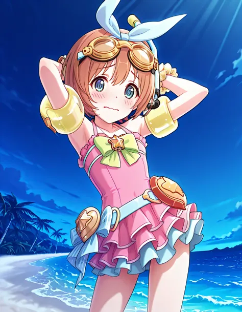 pcrkrmi, short hair, brown hair, hairband, hair ribbon, blue eyes, pkrmsum, blue ribbon, snorkel, goggles on head, pink one-piece swimsuit, frilled one-piece swimsuit, green bowtie, star brooch, wrist scrunchie, inflatable armbands, anime screencap, high q...