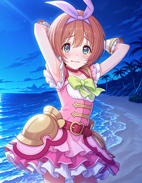 pcrkrmi, short hair, brown hair, hairband, hair ribbon, blue eyes, pkrmdef, purple ribbon, short sleeves, pink dress, white shirt, green bowtie, red choker, red belt, hip armor, white gloves, white skirt, layered skirt, anime screencap, high quality, solo,...