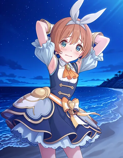 pcrkrmi, short hair, brown hair, hairband, hair ribbon, blue eyes, pkrmdef, half updo, short ponytail, cross earrings, grey headdress, cross, white shirt, collared shirt, brooch, orange ascot, puffy sleeves, wide sleeves, white gloves, blue dress, pinafore...