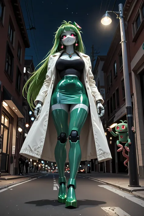 (masterpiece, detailed:1.2) Vannamelon, humanoid robot, green hair, long hair, medium size breasts White coat black shirt Mini Tight Skirt earrings necklaces full body, Worm's Eye View, night, dark, streets, under a light pole