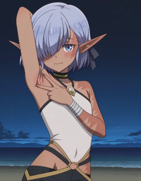 cariaerful, dark elf, dark-skinned female, short hair,  blue hair, hair over one eye, blue eyes, pointy ears, bandaged arm, black choker, burn on face, burnt arm, flat chest, white top, halterneck, sleeveless, black shorts, anime screencap, high quality, s...