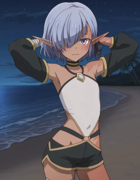 cariaerful, dark elf, dark-skinned female, short hair,  blue hair, hair over one eye, blue eyes, pointy ears, bandaged arm, black choker, burn on face, burn on side, burnt arm, flat chest,,white top,  halterneck, bare shoulders,  detached sleeves, black sh...