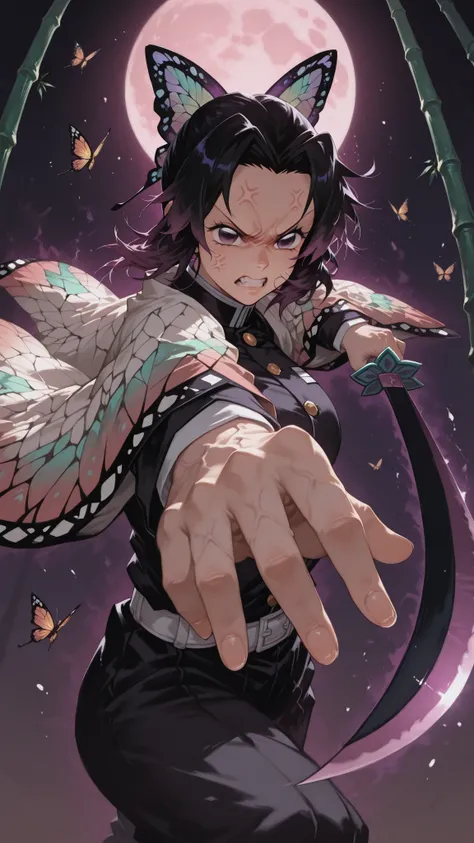 1girl, solo, beautiful girl, UHD, masterpiece, (anatomically correct), textured skin, super detail, high details, high quality, best quality, HD, 8k
shinobu kochou_\(Demon Slayer\), animal print, black hair, butterfly, butterfly hair ornament, butterfly pr...