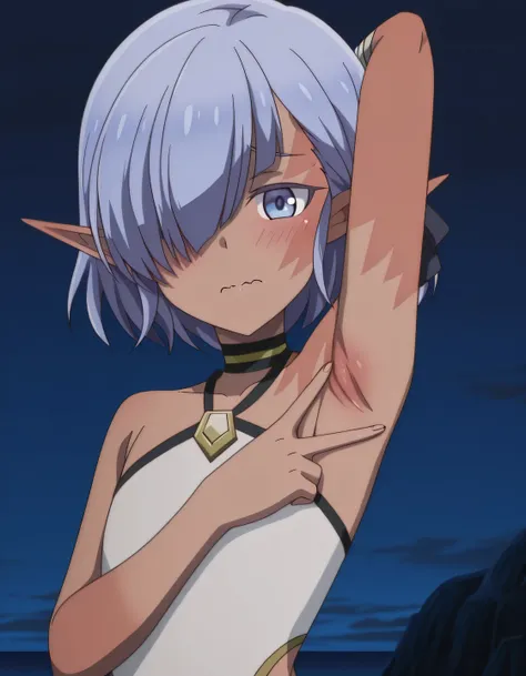 cariaerful, dark elf, dark-skinned female, short hair,  blue hair, hair over one eye, blue eyes, pointy ears, bandaged arm, black choker, burn on face, burnt arm, flat chest, white top, halterneck, sleeveless, black shorts, anime screencap, high quality, s...