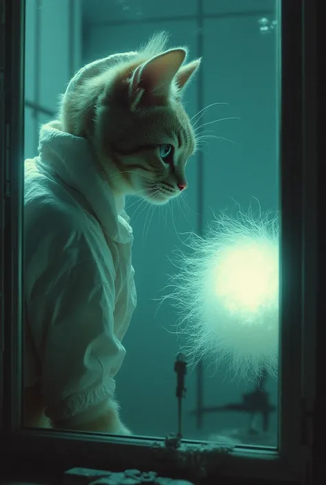 "Parody of a horror poster of the type "found-footage", titled 'NEKOMIMI INCIDENT': drop #13'. and a dramatic hook like 'The Truth Has Moustaches' {x} A Cat Scientist Serious looking in a protective suit with big cat ears inspects a shiny alien hairball in...