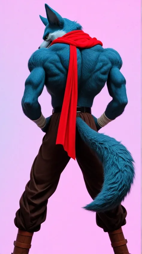 male werewolf ,   blue fur, light hair on the abdomen, wolf tail, Male Wolf,  back,Bergamo     (dragon ball super) , red scarf around the neck, belt, pose de pie de  backs, simple pastel rainbow background doesn't look at the viewer ,     blue fur, light h...