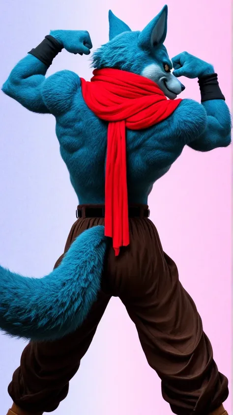 male werewolf ,   blue fur, light hair on the abdomen, wolf tail, Male Wolf,  back,Bergamo     (dragon ball super) , red scarf around the neck, belt, pose de pie de  backs, simple pastel rainbow background doesn't look at the viewer ,     blue fur, light h...