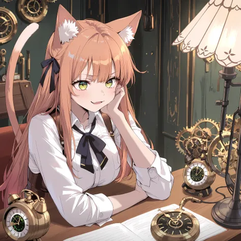 very aesthetic, best quality, amazing quality, masterpiece, absurdres, ultra detailed, High Quality, High Resolution, High Definition, JK Style, JK, 1girl, kanade-default, green eyes, orange hair, long hair, animal ears, hair ribbon, fang, a cat tail, deta...