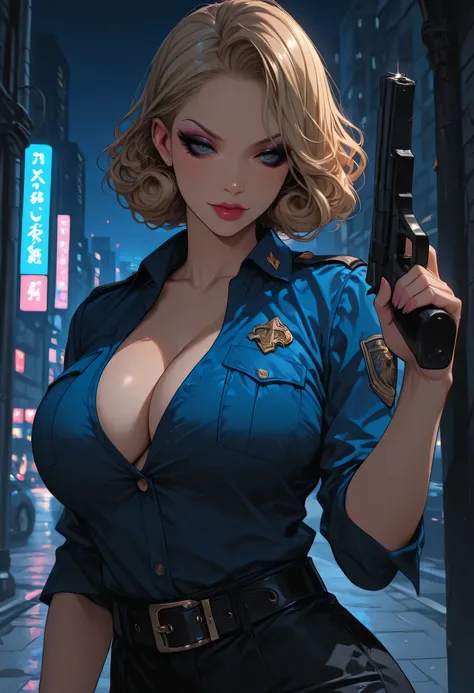 masterpiece, (solo), MILF, bright blue eyes, makeup, eyeshadow, eyeliner, blonde hair, short curly hair, sexy upswept hair, (large breasts), blue police uniform, black pants, belt, cleavage, night, city streets, holding gun