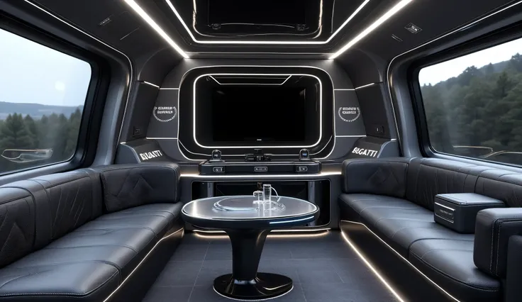 DE_style, A compact futuristic lounge inside the Bugatti motorhome, designed in a sleek silver-black theme to perfectly match the exterior. The seating is made of premium black leather with signature Bugatti diamond stitching and chrome trim details, givin...