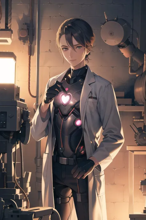 depict a robot human heart maintenance，Can the female robot，Chest opening，artificial heart，bust up,clean room，electrode code，We are connected，a robot man undergoing maintenance and a mechanic in a white coat，