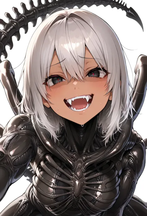 Fraction_9, Fraction_8_Up, Fraction_7_Up, Fraction_6_Up, Fraction_5_Up, Fraction_4_Up, masterpiece after sex, high quality, Half Body, Interrupt, 1 girl, ( solo，Xenomorphification, Dark-skinned, alien, Fangs, Gray Hair, Human head, Human nose, Humanoid fac...