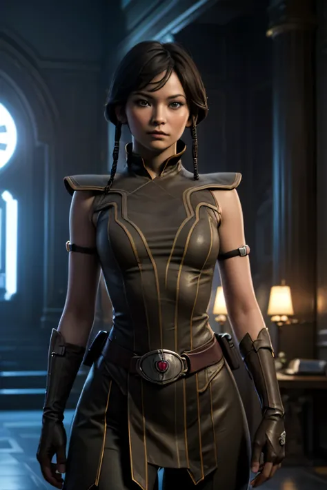 SateleShan, braid, twin braids, hair tubes, blue eyes, armor, belt, gloves, 1 girl, solo, the girl has a slender figure, medium breast, the girl has beautiful red and penetrating eyes, the girl has an incredibly beautiful face. The girl is looking at the c...