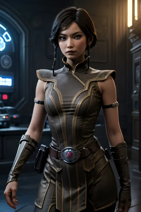 SateleShan, braid, twin braids, hair tubes, blue eyes, armor, belt, gloves, 1 girl, solo, the girl has a slender figure, medium breast, the girl has beautiful red and penetrating eyes, the girl has an incredibly beautiful face. The girl is looking at the c...