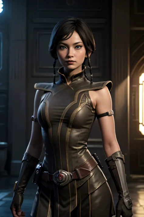 SateleShan, braid, twin braids, hair tubes, blue eyes, armor, belt, gloves, 1 girl, solo, the girl has a slender figure, medium breast, the girl has beautiful red and penetrating eyes, the girl has an incredibly beautiful face. The girl is looking at the c...