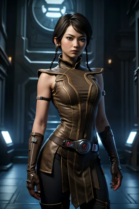 SateleShan, braid, twin braids, hair tubes, blue eyes, armor, belt, gloves, 1 girl, solo, the girl has a slender figure, medium breast, the girl has beautiful red and penetrating eyes, the girl has an incredibly beautiful face. The girl is looking at the c...