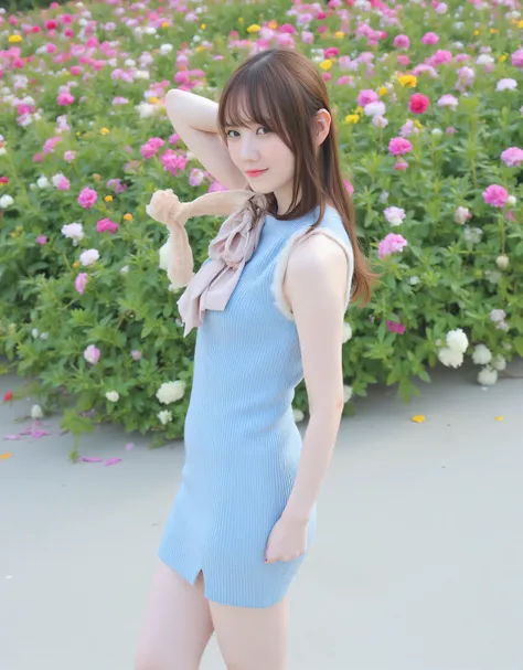 Mayu Tamura,Cross your hands directly behind your head, young woman standing in front, Wear a tight sleeveless, high neck and short length light blue knit dress, Bend forward slightly, flat concrete area. very big breasts, Her hair color is dark brown., lo...