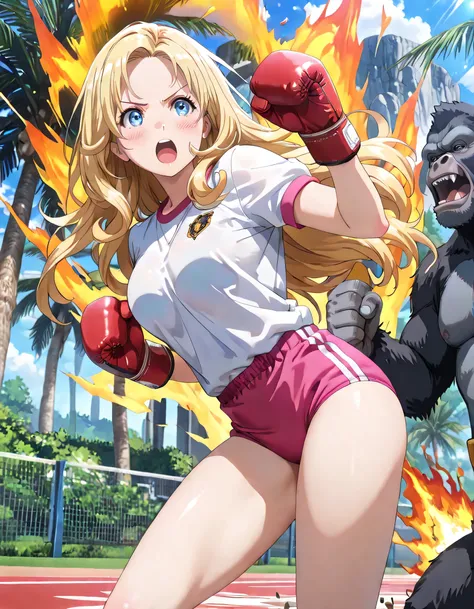 ((ultra-detailed)), (highly detailed CG illustration), (best quality:1.3), ultra-highly detailed, colorful composition, artistic photoshoot, 1girl, 1gorilla:1.3, battle, moe anime character, Anime-style, harmonious color palette, ethereal ambiance, dainty ...