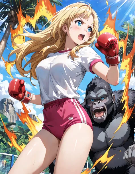 ((ultra-detailed)), (highly detailed CG illustration), (best quality:1.3), ultra-highly detailed, colorful composition, artistic photoshoot, 1girl, 1gorilla:1.3, battle, moe anime character, Anime-style, harmonious color palette, ethereal ambiance, dainty ...