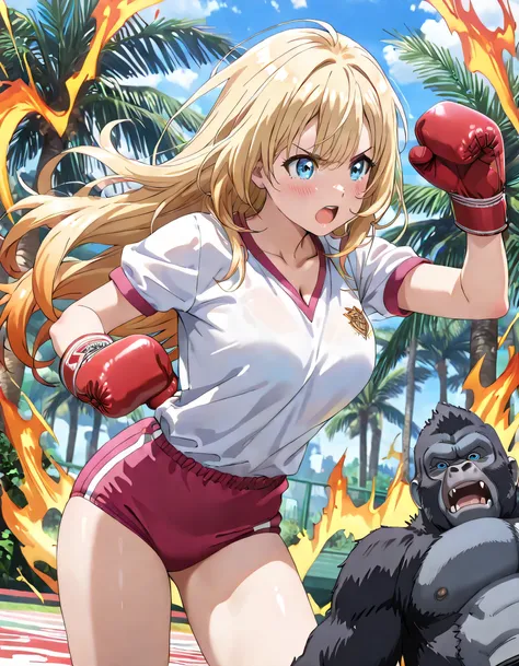 ((ultra-detailed)), (highly detailed CG illustration), (best quality:1.3), ultra-highly detailed, colorful composition, artistic photoshoot, 1girl, 1gorilla:1.3, battle, moe anime character, Anime-style, harmonious color palette, ethereal ambiance, dainty ...